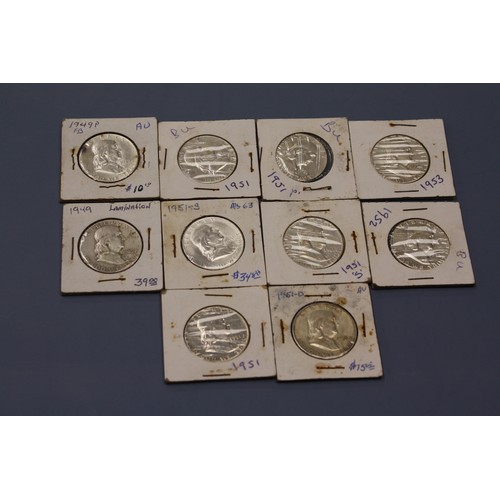 461 - Twenty  silver (90%) Franklin half dollars :- 2x 1949, 6x 1951, 1952 & 1953, 4 X 1958 & 6 X 1961 - v... 