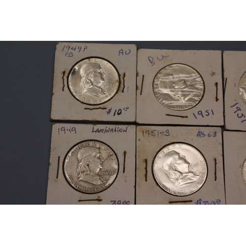 461 - Twenty  silver (90%) Franklin half dollars :- 2x 1949, 6x 1951, 1952 & 1953, 4 X 1958 & 6 X 1961 - v... 