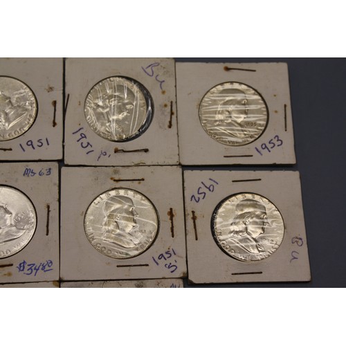 461 - Twenty  silver (90%) Franklin half dollars :- 2x 1949, 6x 1951, 1952 & 1953, 4 X 1958 & 6 X 1961 - v... 