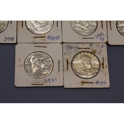 461 - Twenty  silver (90%) Franklin half dollars :- 2x 1949, 6x 1951, 1952 & 1953, 4 X 1958 & 6 X 1961 - v... 