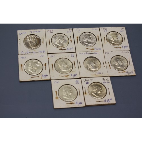 461 - Twenty  silver (90%) Franklin half dollars :- 2x 1949, 6x 1951, 1952 & 1953, 4 X 1958 & 6 X 1961 - v... 