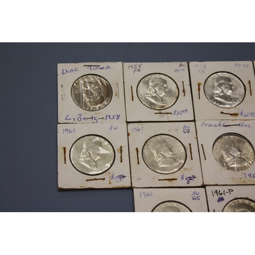 461 - Twenty  silver (90%) Franklin half dollars :- 2x 1949, 6x 1951, 1952 & 1953, 4 X 1958 & 6 X 1961 - v... 