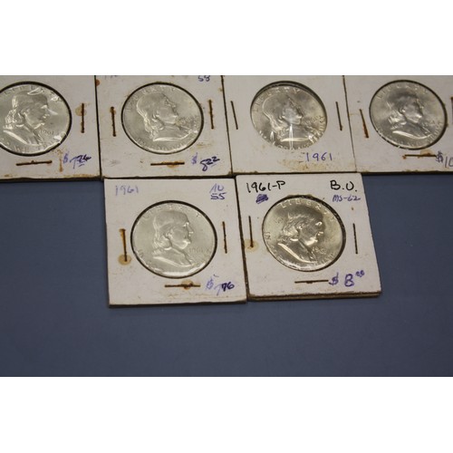 461 - Twenty  silver (90%) Franklin half dollars :- 2x 1949, 6x 1951, 1952 & 1953, 4 X 1958 & 6 X 1961 - v... 