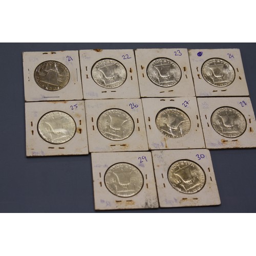 461 - Twenty  silver (90%) Franklin half dollars :- 2x 1949, 6x 1951, 1952 & 1953, 4 X 1958 & 6 X 1961 - v... 