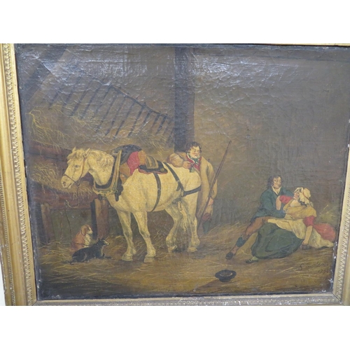 493 - G. Morland, Figures and a horse in a barn, oil on canvas, signed, dated 1793, 20x24ins