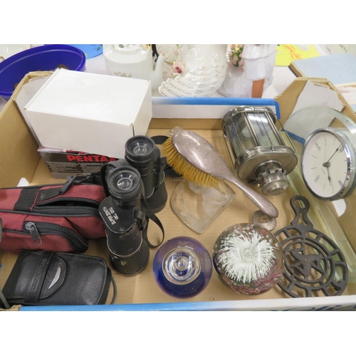 504 - Collection of binoculars, paperweights, cameras, silver backed hairbrush etc