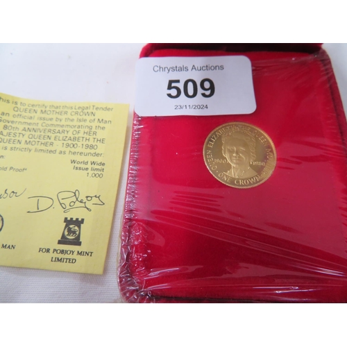 509 - 22ct gold proof Isle of Man Queen Mother crown, cased with certificate