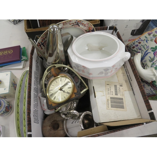 579 - A box of stainless steel items, odd cups, saucers, stirup clock etc.