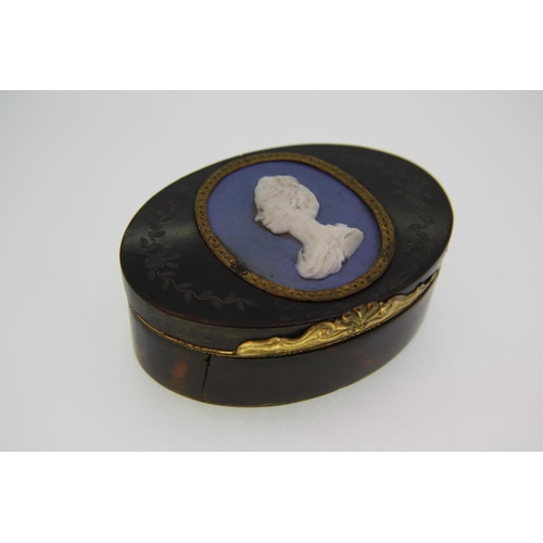 547 - 18thC tortoiseshell oval box with jasperware portrait of a lady to top