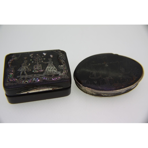 548 - Two 18thC tortoiseshell snuffboxes one having decoration in mother of pearl and silver of a man and ... 