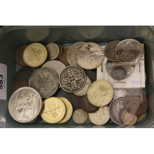 583 - Tub of British coinage, 1951 crown, William III shilling, Victorian Gothic florin etc