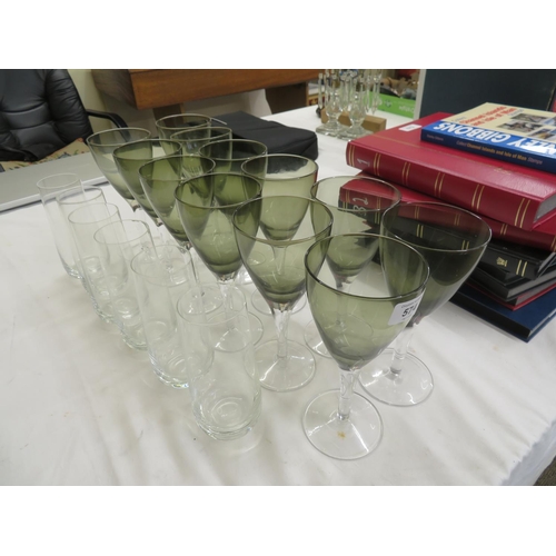 574 - Set of twelve coloured wine glasses together with six water glasses