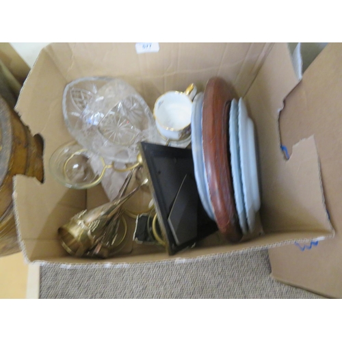 577 - Box of glassware, metal champagne flutes, plates etc