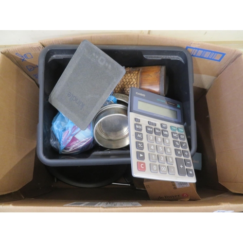 578 - Box of odds, calculators, coins, laminator etc