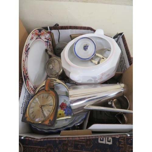 579 - A box of stainless steel items, odd cups, saucers, stirup clock etc.