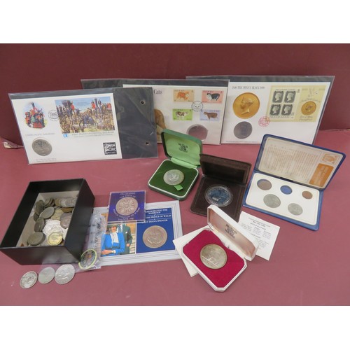 508 - Deed box containing odd coins, crowns, first day cover coin sets, brooch, telephone cards etc