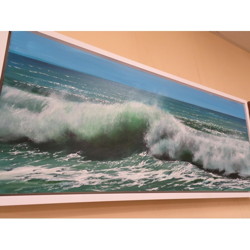 103 - Barry Westcott, Waves crashing on the shore, oil on canvas, signed and dated '21, 14 x 36 ins