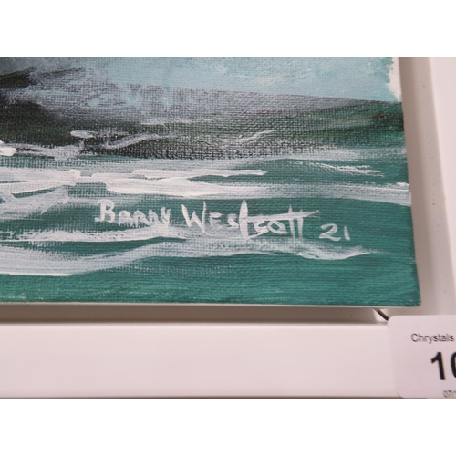 103 - Barry Westcott, Waves crashing on the shore, oil on canvas, signed and dated '21, 14 x 36 ins