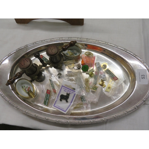 53 - A collection of silver plated tray, badges, salt and pepper pots etc