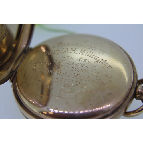 61 - 9 ct. gold Waltham Hunter pocket watch with white enamel dial engraved to inner cover (ticking)