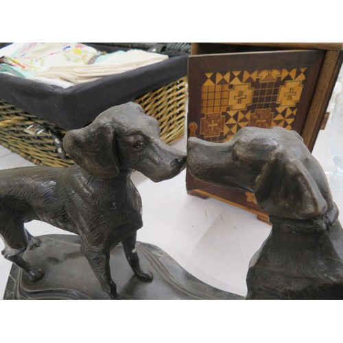 196 - Brown patinated bronze pair of hunting dogs on black figured marble base