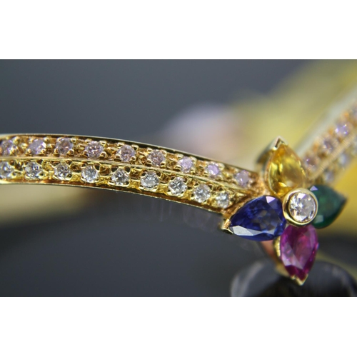 305 - 18ct gold Boodles diamond bracelet with central ruby, sapphire, emerald and citrine flower decoratio... 