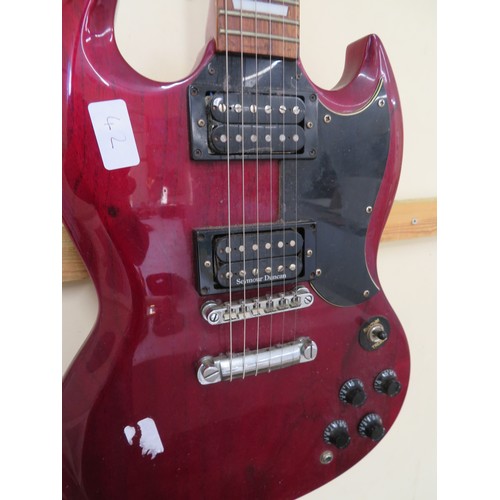 42 - Vintage SG type electric guitar with two humbuckers (one being a Seymour Duncan) chrome hardware, 22... 