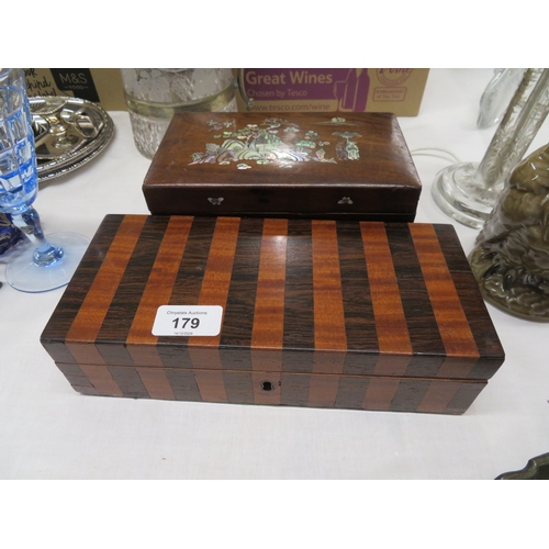 179 - Two wooden trinket boxes, one with mother of pearl inlay, one striped wood