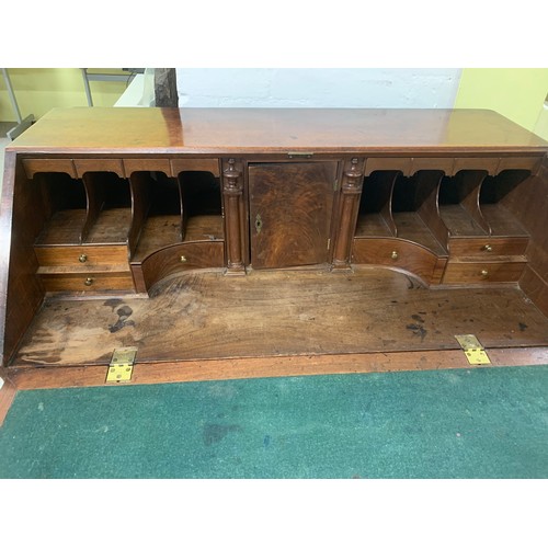 301 - George III mahogany fall front bureau with flame mahogany fall front revealing stepped interior, two... 