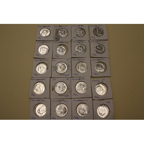 209 - Twenty 90% silver American half dollars, all 1964