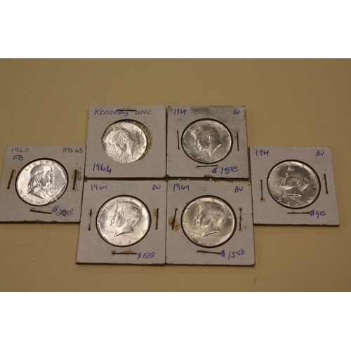 212 - Six 90% silver half dollars, 5 x 1964, 1x 1960