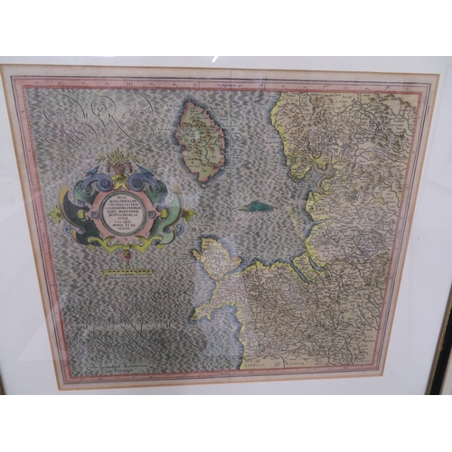 56 - Mercator 1595 Westmorelandia, Lancastria ... hand coloured map, Scale: 20 miles = 1 7/8 inch