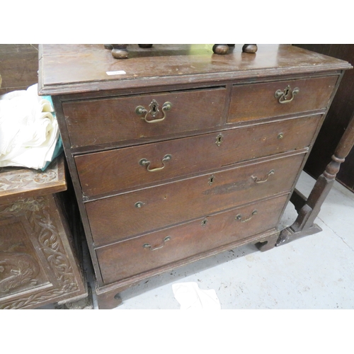 328 - George III oak small chest of two short and three long drawers on original bracket feet, width 34ins