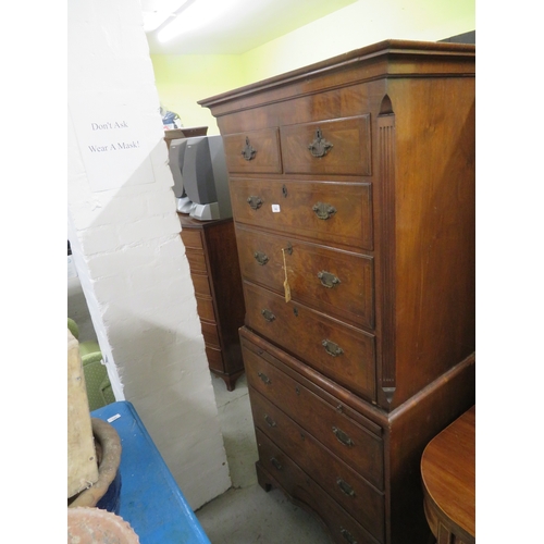 342 - Good quality 19th/20thC walnut chest on chest of small proportions, brass swing handles, sunburst be... 