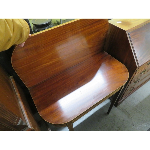 343 - 19thC mahogany D shaped folding tea table with box work stringing, on square tapering legs