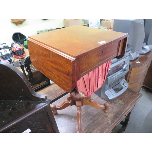 355 - Mahogany drop leaf sewing table with single drawer, wool slide and quadruple cabriole legs on turned... 