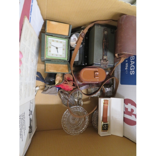 124 - Box of cameras, some silver items, travel clock, binoculars etc