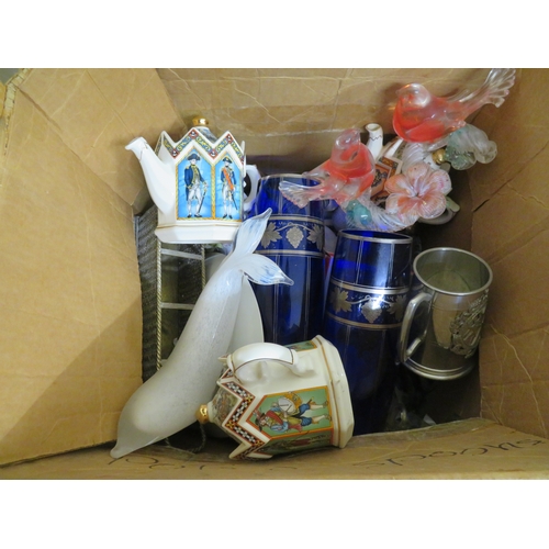 126 - Box of glass, figures, vases, pottery teapots etc