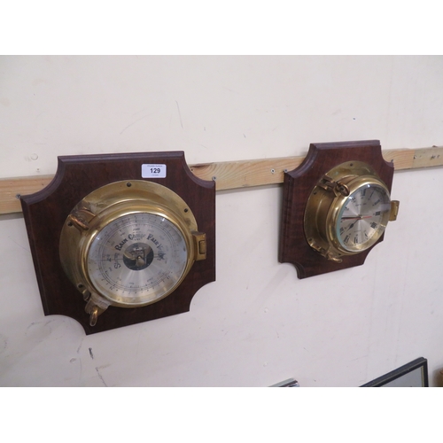 129 - Ships brass barometer and clock