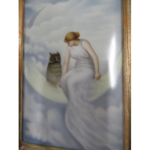 147 - The Witch's Daughter with her Owl sitting in a Crescent Moon, hand painted porcelain plaque held in ... 