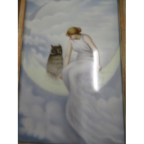 147 - The Witch's Daughter with her Owl sitting in a Crescent Moon, hand painted porcelain plaque held in ... 