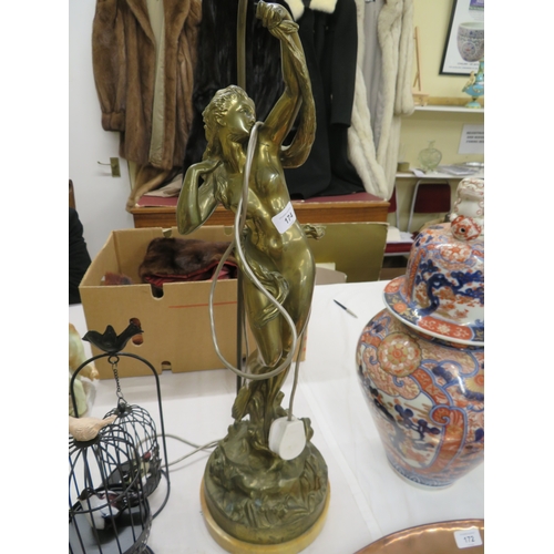 174 - Art Nouveau bronze figure of a naked lady converted to a lamp, height 24ins