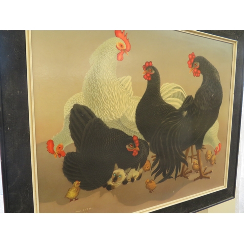 54 - Italian print of hens, chicks, Siamese kittens and a rooster