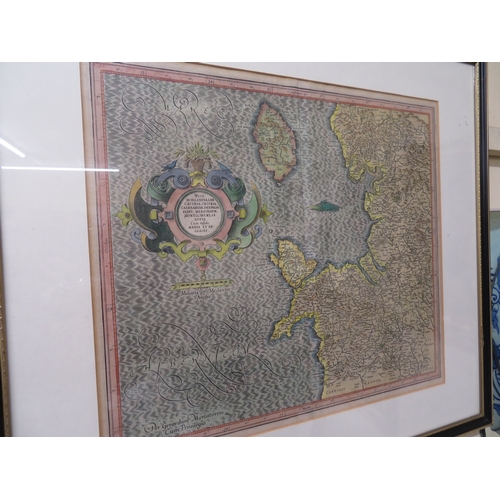 56 - Mercator 1595 Westmorelandia, Lancastria ... hand coloured map, Scale: 20 miles = 1 7/8 inch