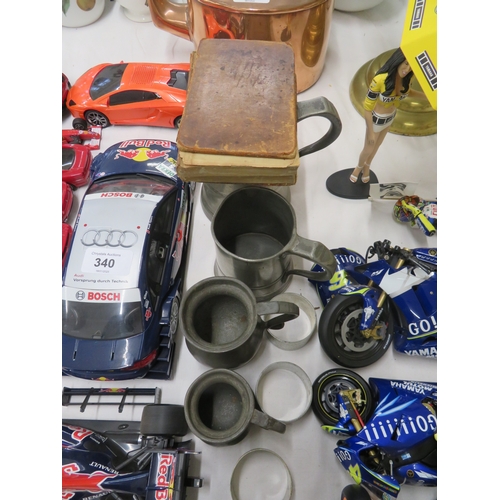 337 - 19thC oval copper kettle, brass trivet and tankards and measures