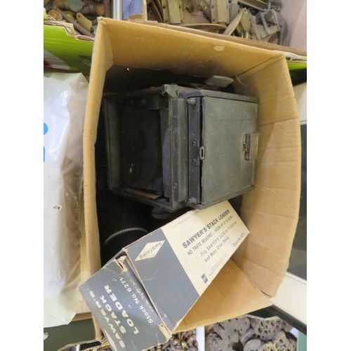 73 - Box of old cameras including an Apen Reflex, lenses etc