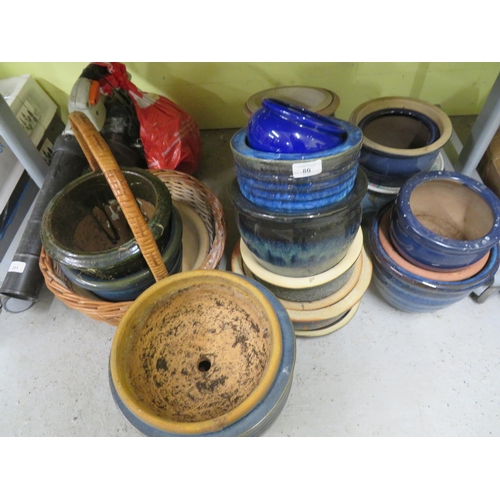 80 - Good collection of mostly blue glazed garden pots