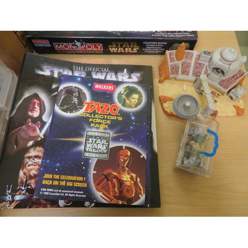 98 - Tub of assorted Star Wars figurines plus Tazzo pack fact file etc