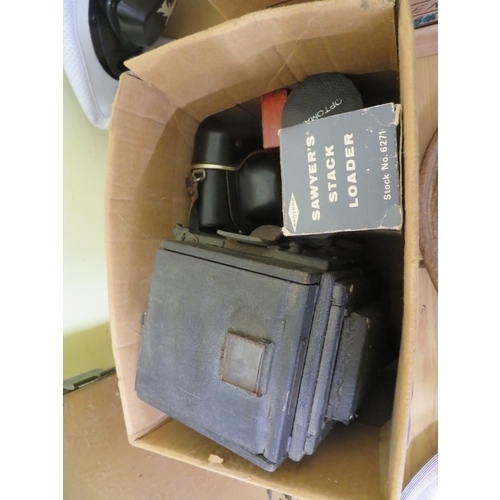 73 - Box of old cameras including an Apen Reflex, lenses etc