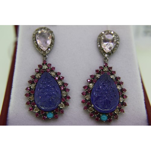 312 - Pair of large drop earrings set with pear shaped carved Tanzanites, turquoise, morganites, rubies an... 